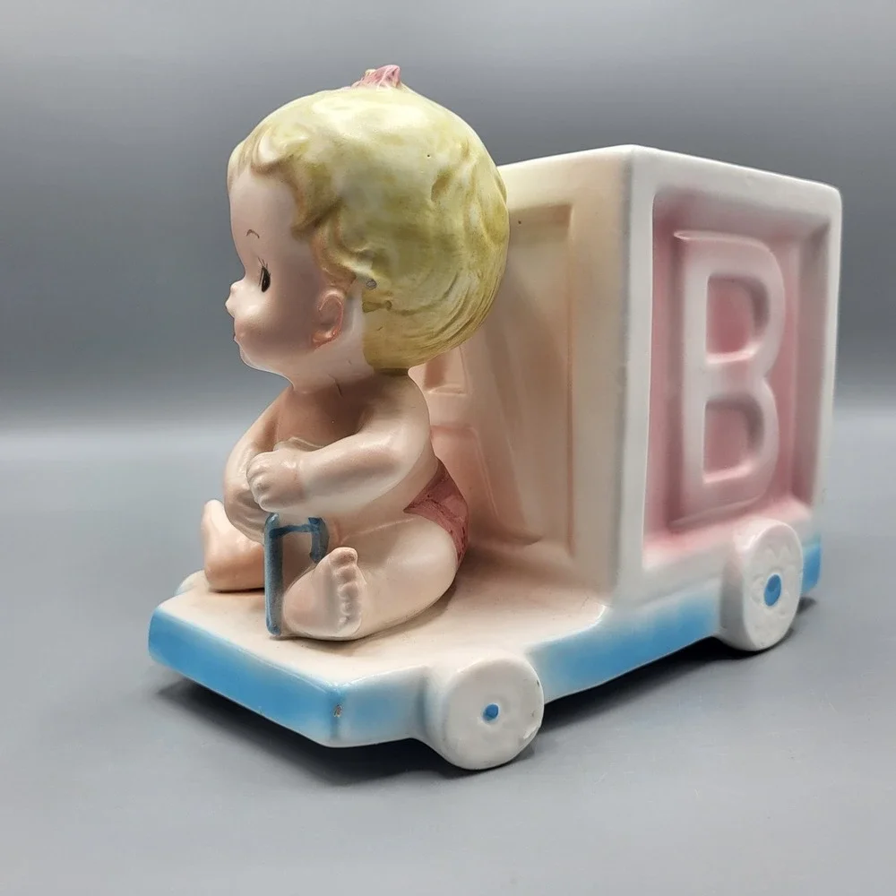 Enesco Baby Girl Alphabet Block Cart Planter Vintage Japan E-6127 Pink Blue READ